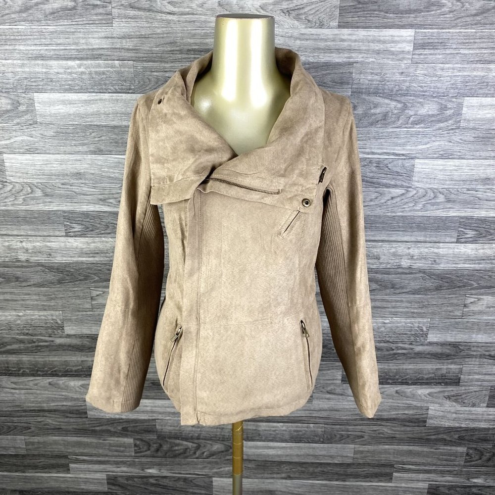 QUINN Full Zip Up Zip Pockets Tan Faux Suede Lined Jacket Women's Size Large